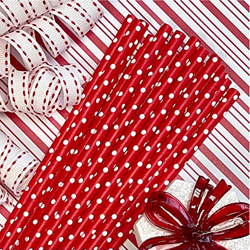 Pitillos de papel rojos y blancos con lunares, 7.75 pulgadas, pack 50 miniatura 7