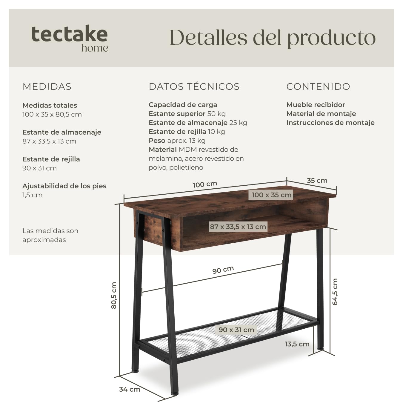 tectake® Mesa Consola de Estilo Industrial, Estante de Rejilla, Espacio de Almacenamiento, Mueble Auxiliar Salón, Aparadores para Salon - 100 x 35 x 80,5 cm Madera Industrial Oscura, Rústica