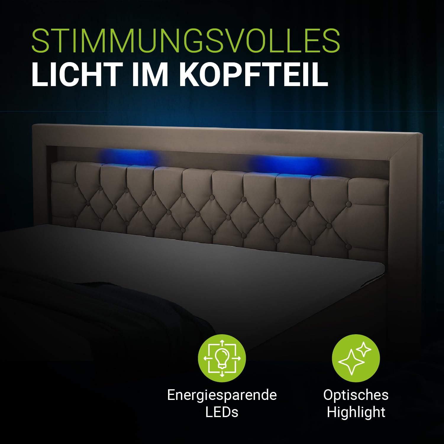 Juskys Boxspringbett Leona 180x200 cm - Bett mit LED Beleuchtung, Topper & H4 Federkern Matratzen - Doppelbett mit Samt und Steppung - Beige
