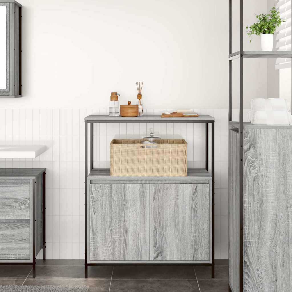 Armadietto da bagno grigio Sonoma con 3 ripiani e anta, 76,5 x 35 x 95 cm, in legno, per bagno, WC degli ospiti, lavanderia, con piedini regolabili e montaggio a parete, pratico stoccaggio e