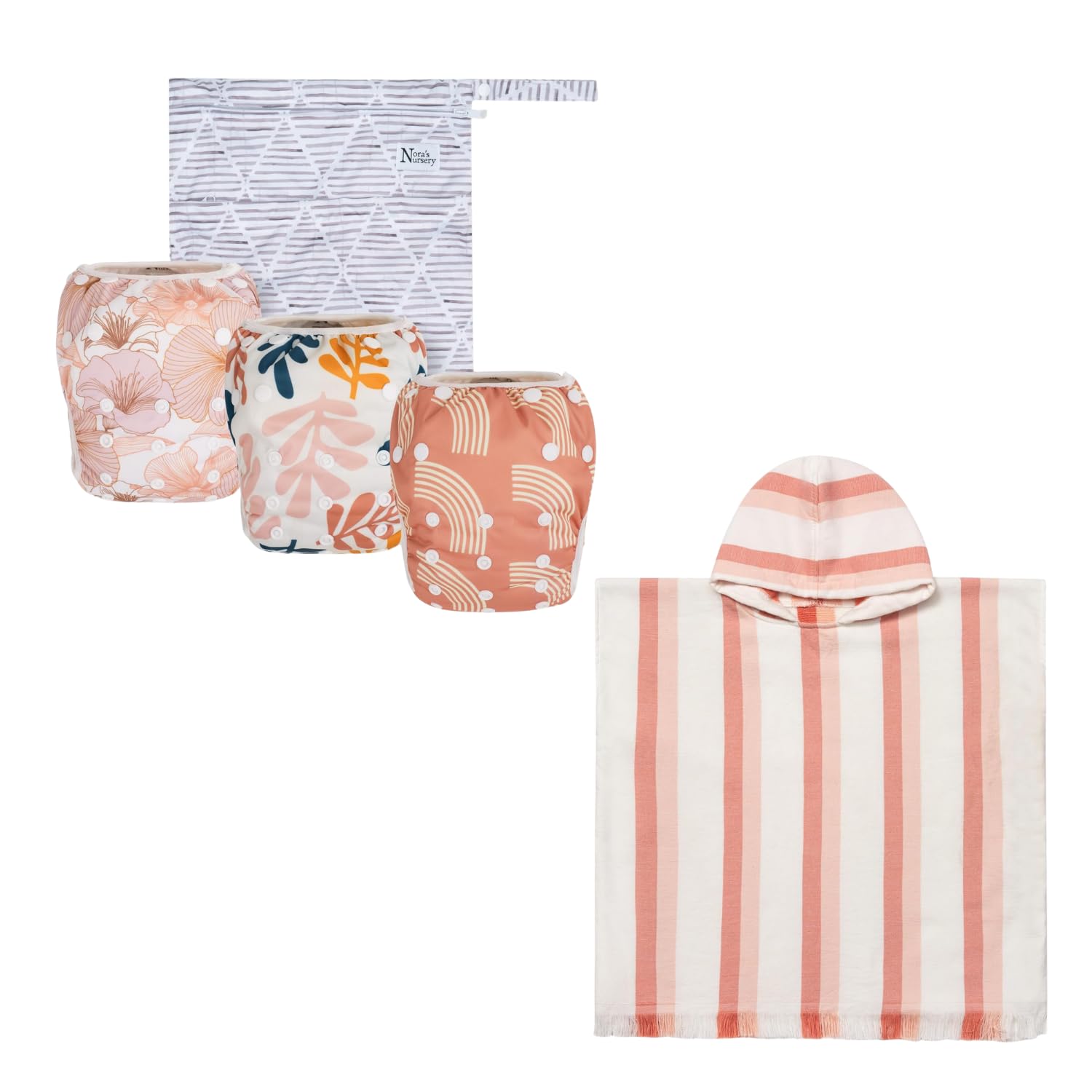 Nora’s Nursery Baby Swim & Bath Essentials Bundle – Reusable Adjustable Swim Diapers Unisex 3-Pack with Wet Bag (Tropical) + Ultra-Soft 350GSM Hooded Baby Bath Towel (Coral), Quick-Dry, 0–3 Years