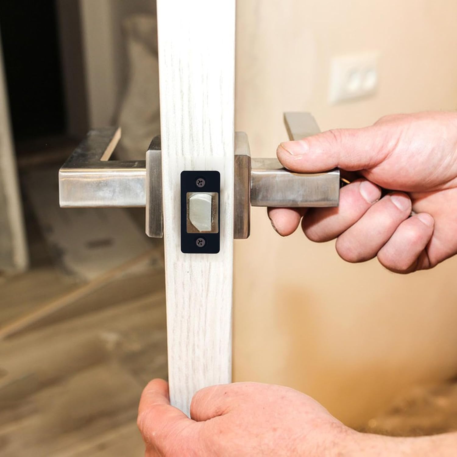 Deadbolt Restorer Strike Plate, Fix Dead Bolt Misalignment/Sticking/Jamming, Deadbolt Strike Plate Door Backplate Large Hole Strike Plate for Door Latch Repair Fix, Steel (Black, 1 Pack)