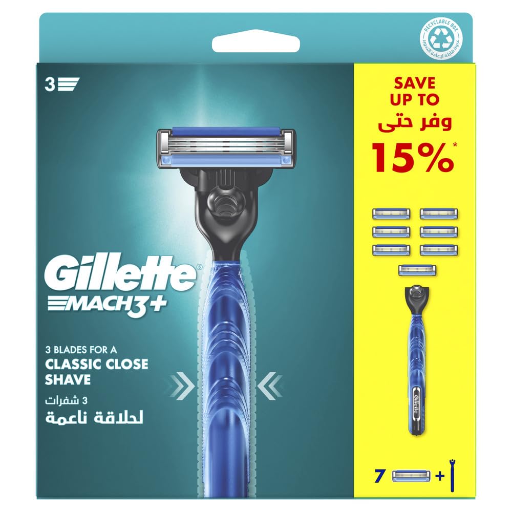 Gillette Mach3+ Men's Refillable Razor: Handle + 7 Blade Refills