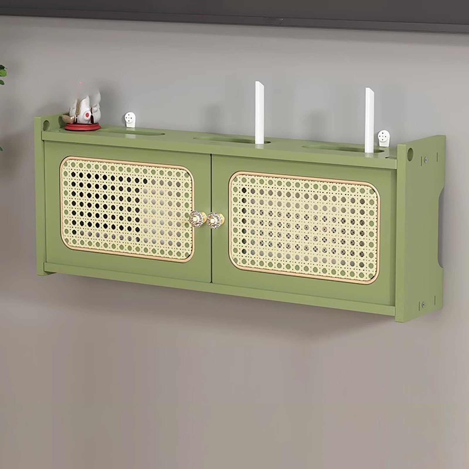 Étagère murale élégante en rotin pour routeur – Boîte de rangement WiFi et routeur sans fil pour la maison et le bureau – Vert 40 x 11 x 23 cm – Fonctionnelle