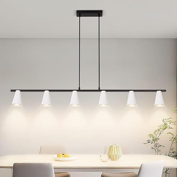 Kowanie eettafel hanglamp 6 lampen hanglamp - witte hangende eettafellamp moderne zwarte eetkamerlamp GU10 lange metalen hanglamp hanglamp voor woonkamer keuken (geen lamp)