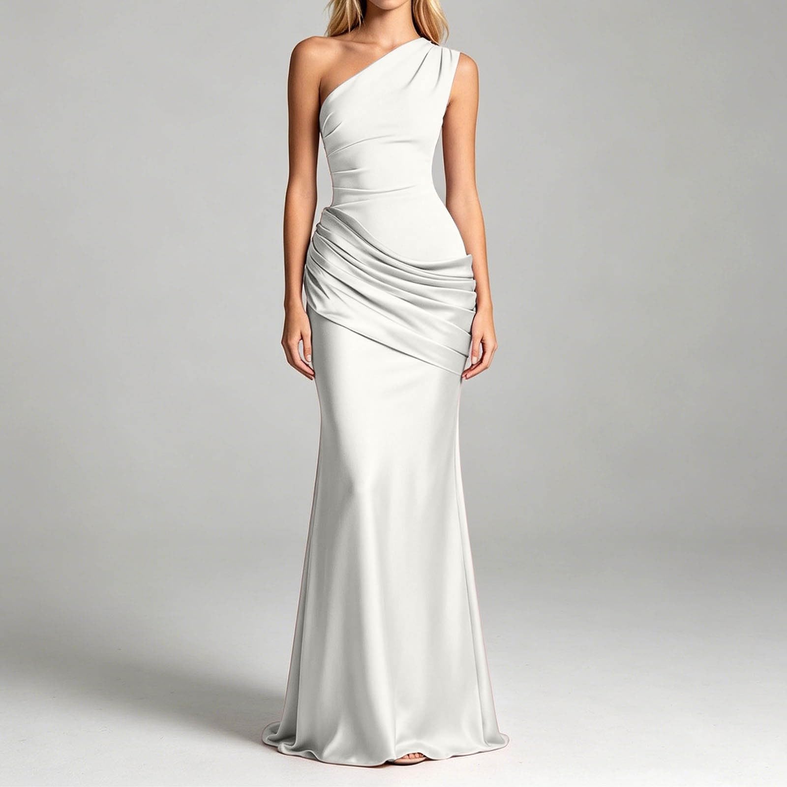 Generisch Robe midi asymétrique froncée en satin avec épaules asymétriques moulante élégante pour femme