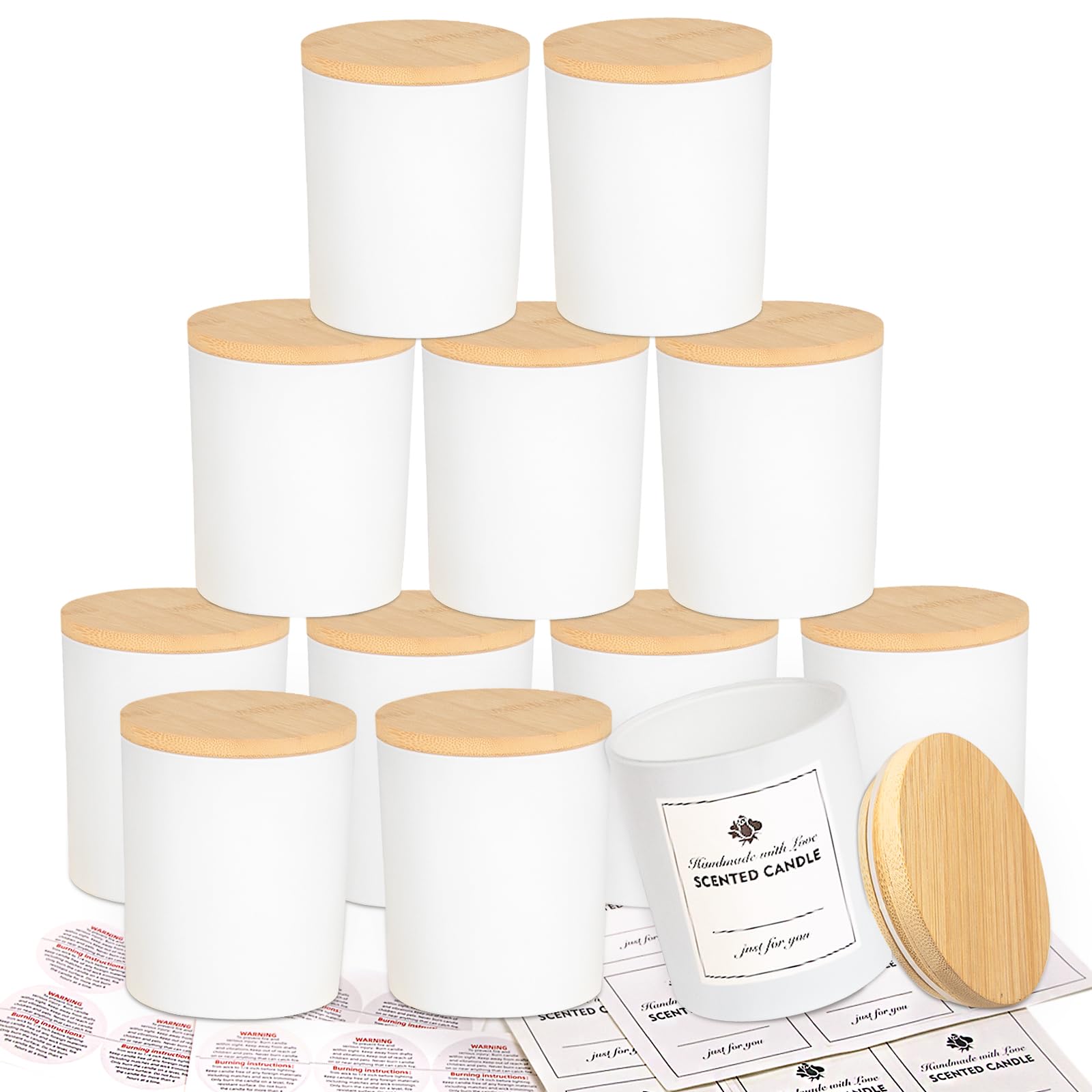 Photo 1 of CONNOO 12 Pack 10 OZ White Glass Candle Jars with Bamboo Lids