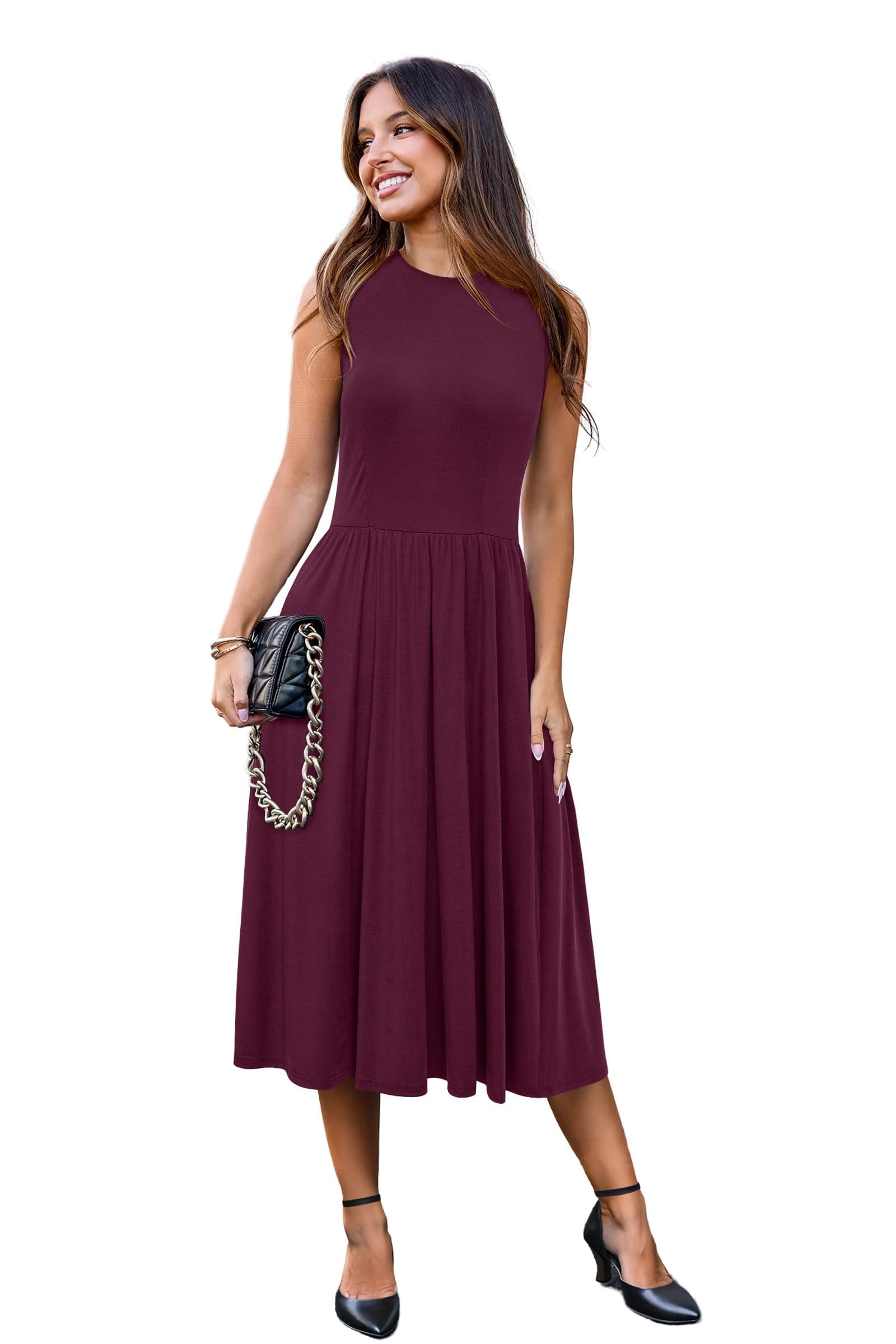 Newshows Abiti Estivi da Donna Senza Maniche Collo a Giro Midi Elegante Casual Formale Lavoro Ufficio Sundress con Tasche