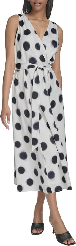Halston Women's Sleeveless Surplice V-Neck Tie Waist Midi Dress
