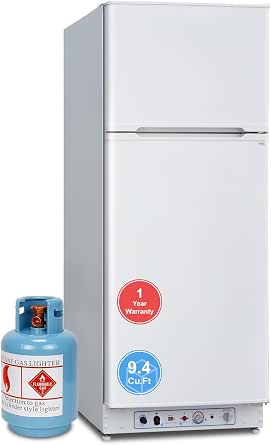 Propane Refrigerator with Freezer 9.4 Cu.Ft, 110V/LPG Off Grid Gas Refrigerator, Reversible Door, Quiet & Energy-Saving for Cabin, Camper, and Home Use