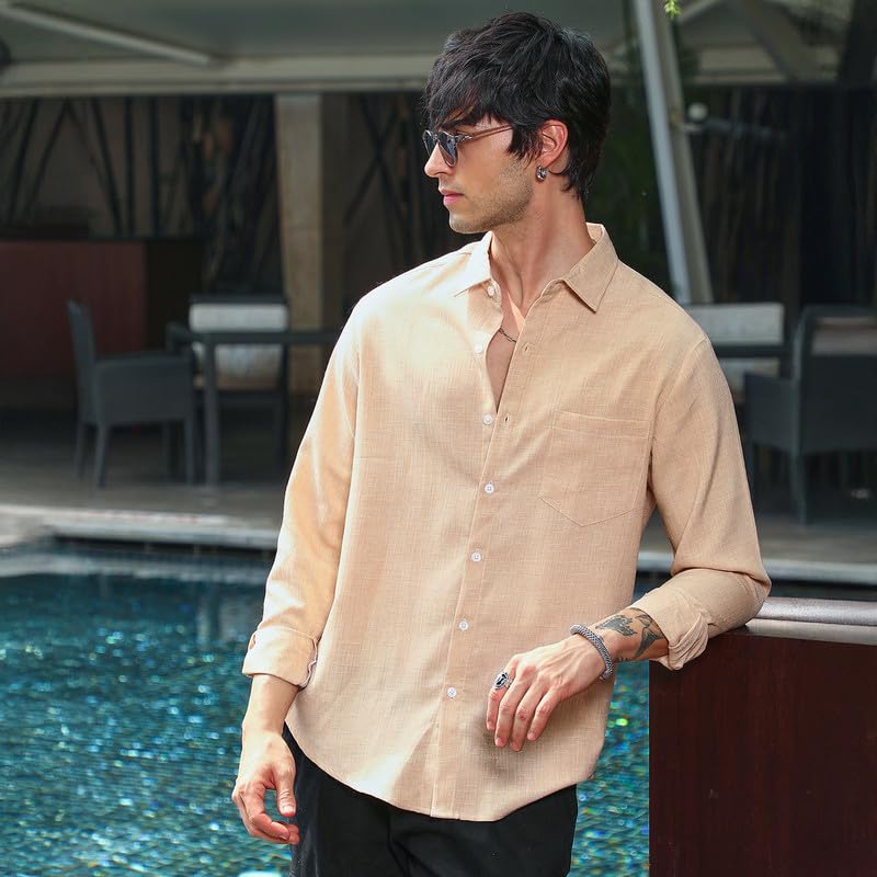 Image of CAHOOT Men's Olive Shirt Casual Wear | Shawl Collar | Long Sleeve | Button Closure | Shirt Crafted with Comfort Fit for Everyday Wear