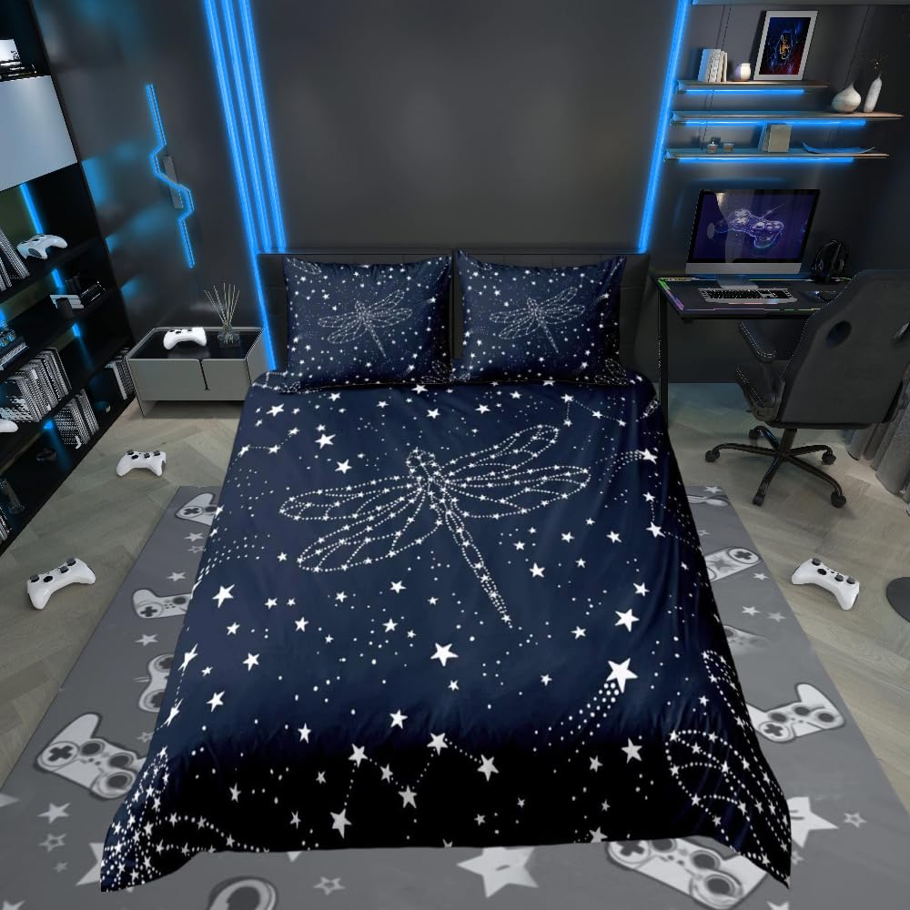 Loussiesd Galaxy Outer Space Duvet Cover 3D Dragonfly Printed Bedding Set Starry Sky Star Night Comforter Cover Constellation Universe Quilt Cover Bedroom Collection 3Pcs Double Size