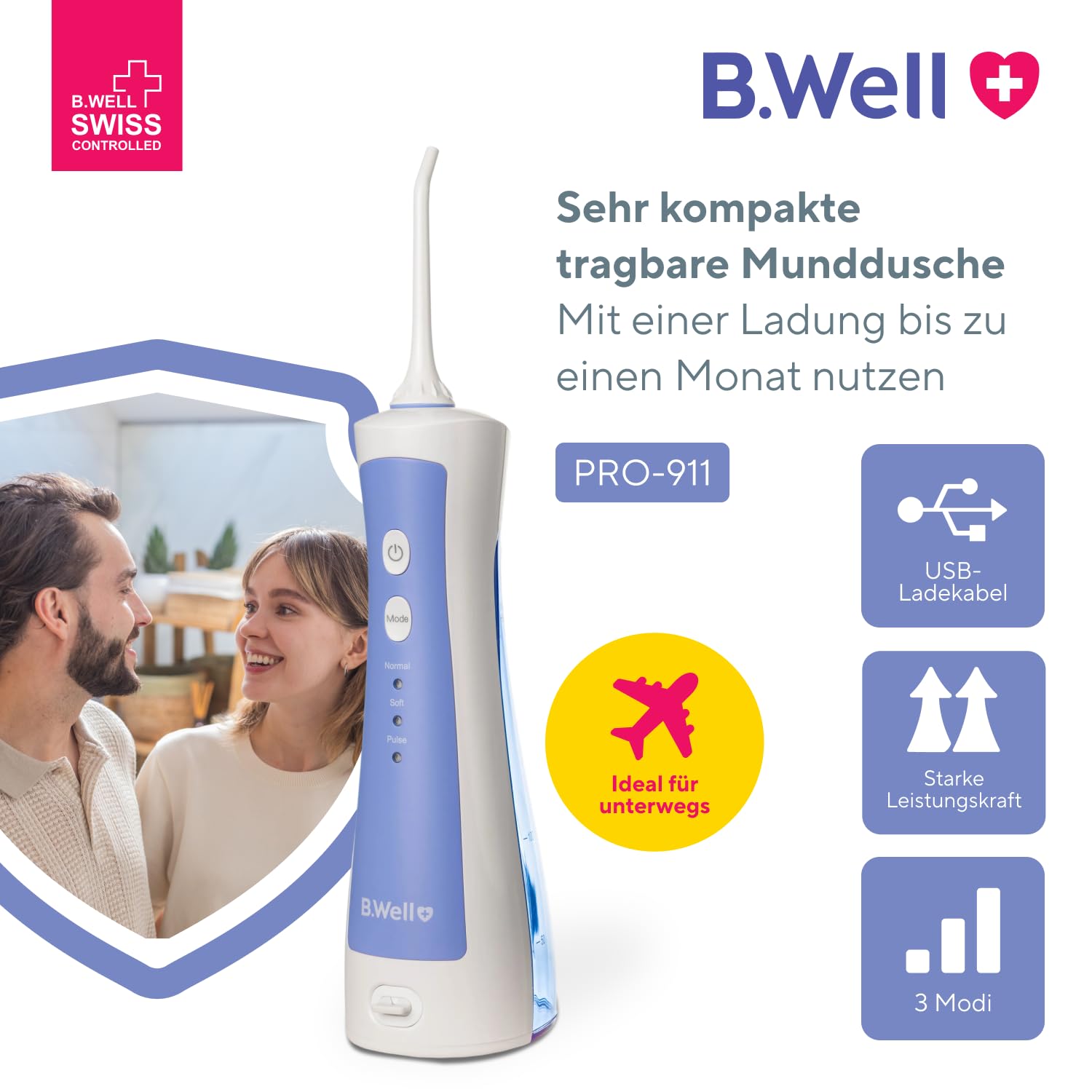 B.Well PRO-911 Tragbare Munddusche | Ideal für unterwegs, 45 Tage Akku | Schweizer Qualitätsstandards: Kompakt für unterwegs, 2 Düsen, 3 Modi und gründliche Mundpflege.