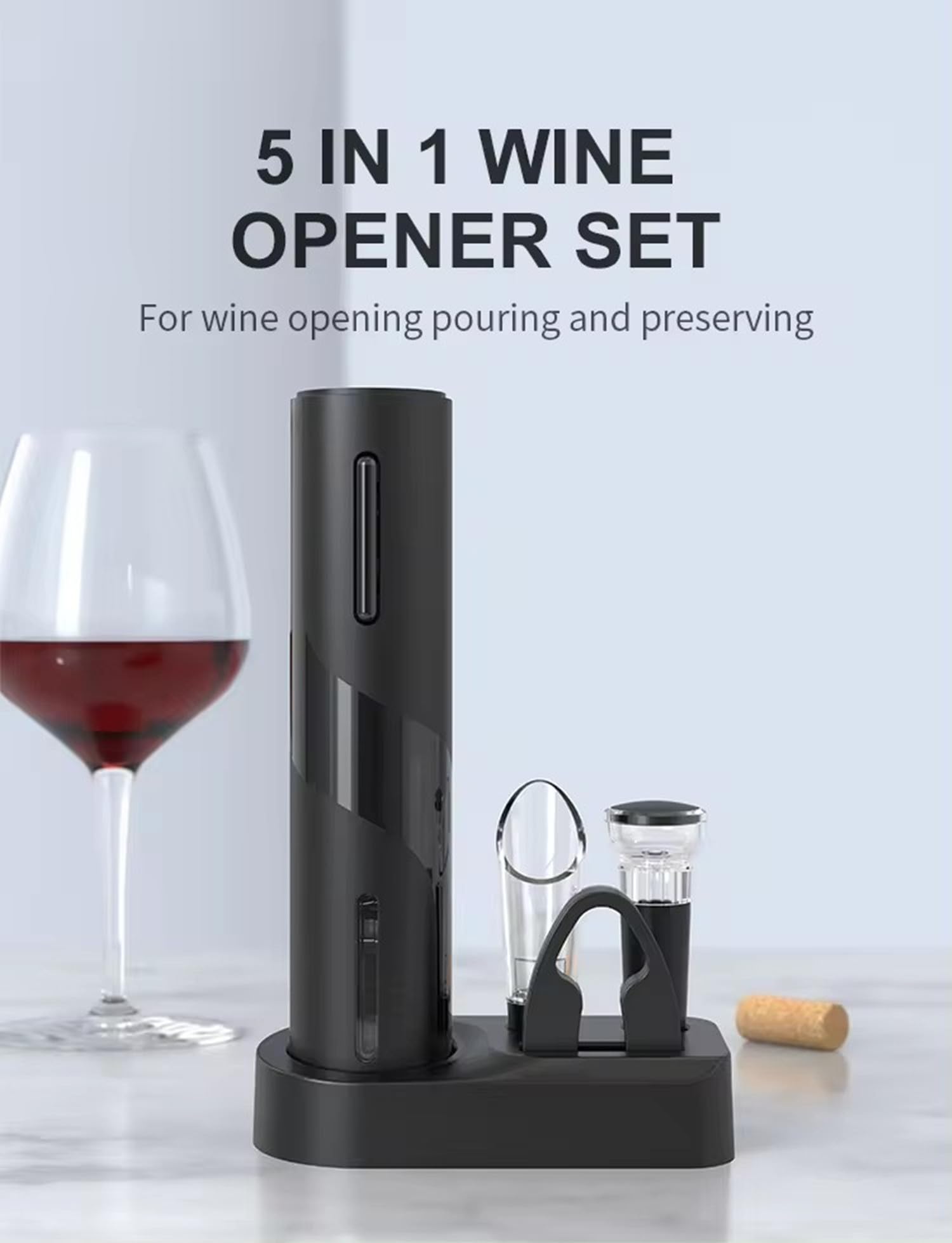 Cavatappi Elettrico Ricaricabile 5 in 1 Professionale per Vino, Apribottiglie Automatico con Base
