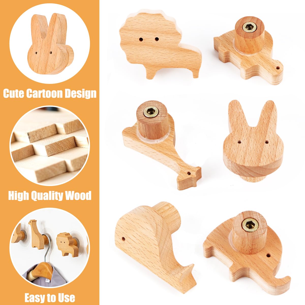 Ganci Appendiabiti per Bambini 6 Pezzi Autoadesivi in Legno con Animali Senza Foratura