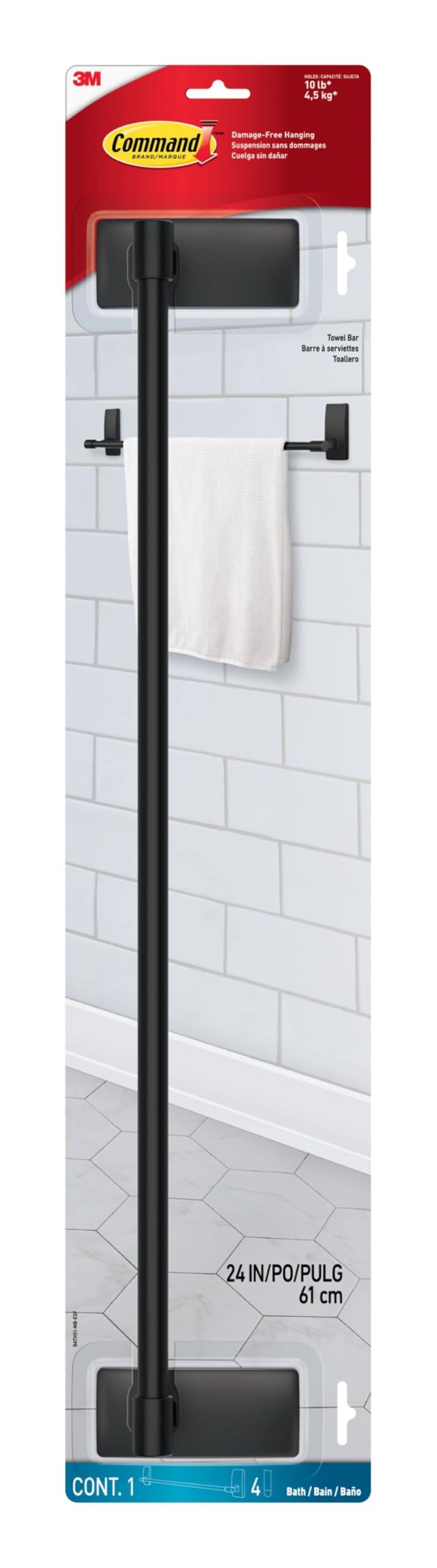 Command Toallero de baño Negro Mate con Tiras de Command Resistentes al Agua, Organizador de baño, Longitud de Barra de 24 Pulgadas, soporta hasta 10 Libras