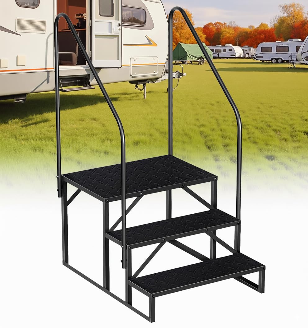 RV Steps with 2 Handrails, 3 Step RV Stairs 660lbs Load Capacity, Heavy Duty Camper Steps with Wide &amp; Anti-Slip Platform, Portable Outdoor Metal Entry Stairs for Hot Tub, Mobile Home, Travel Trailers