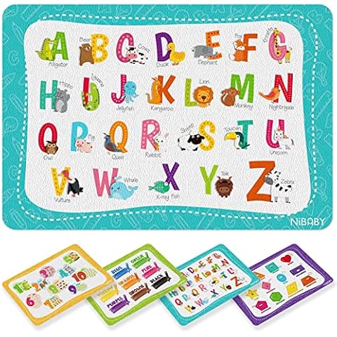 NiBaby Kids' Non Slip Educational Placemats Set of 4 Washable, Children's Interactive Placemats Foldable, Toddler Placemats for Learning Alphabet, Numbers, Shapes, Colors- Durable Reusable PU Leather Cover