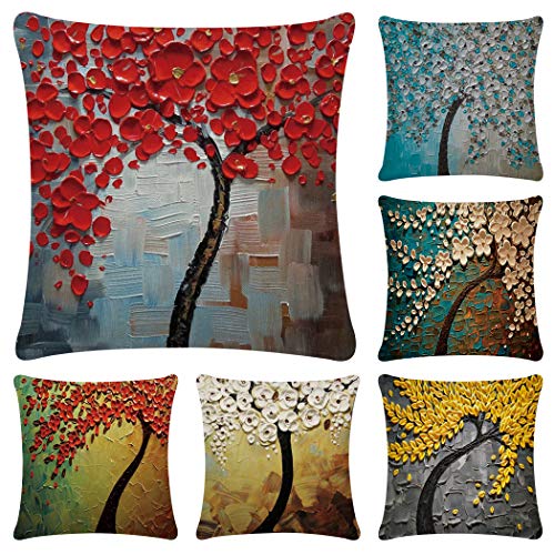 Faylapa 6 Pack Oil Painting Cotton Linen Pillow Cases,Decorative Tree & Flower Cushion