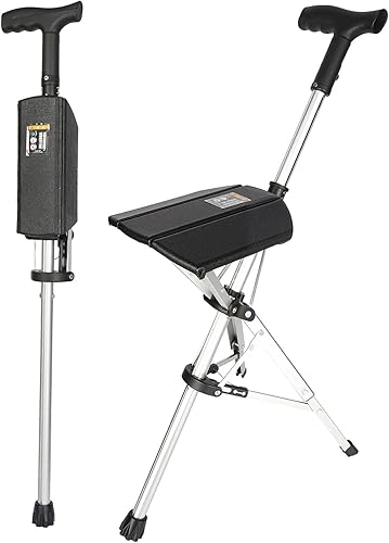 Bastón de senderismo eléctrico plegable con asiento plegable automático, bastón de aluminio ligero, fácil de transportar y almacenar, antideslizante