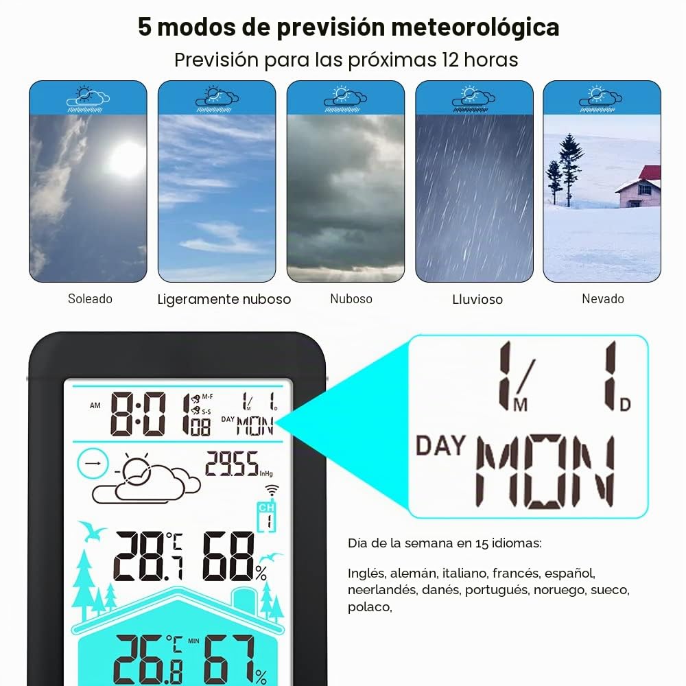 KETOTEK Estación meteorológica inalámbrica con sensor exterior, estación meteorológica digital DCF, termómetro higrómetro interior y exterior con previsión meteorológica, despertador barométrico