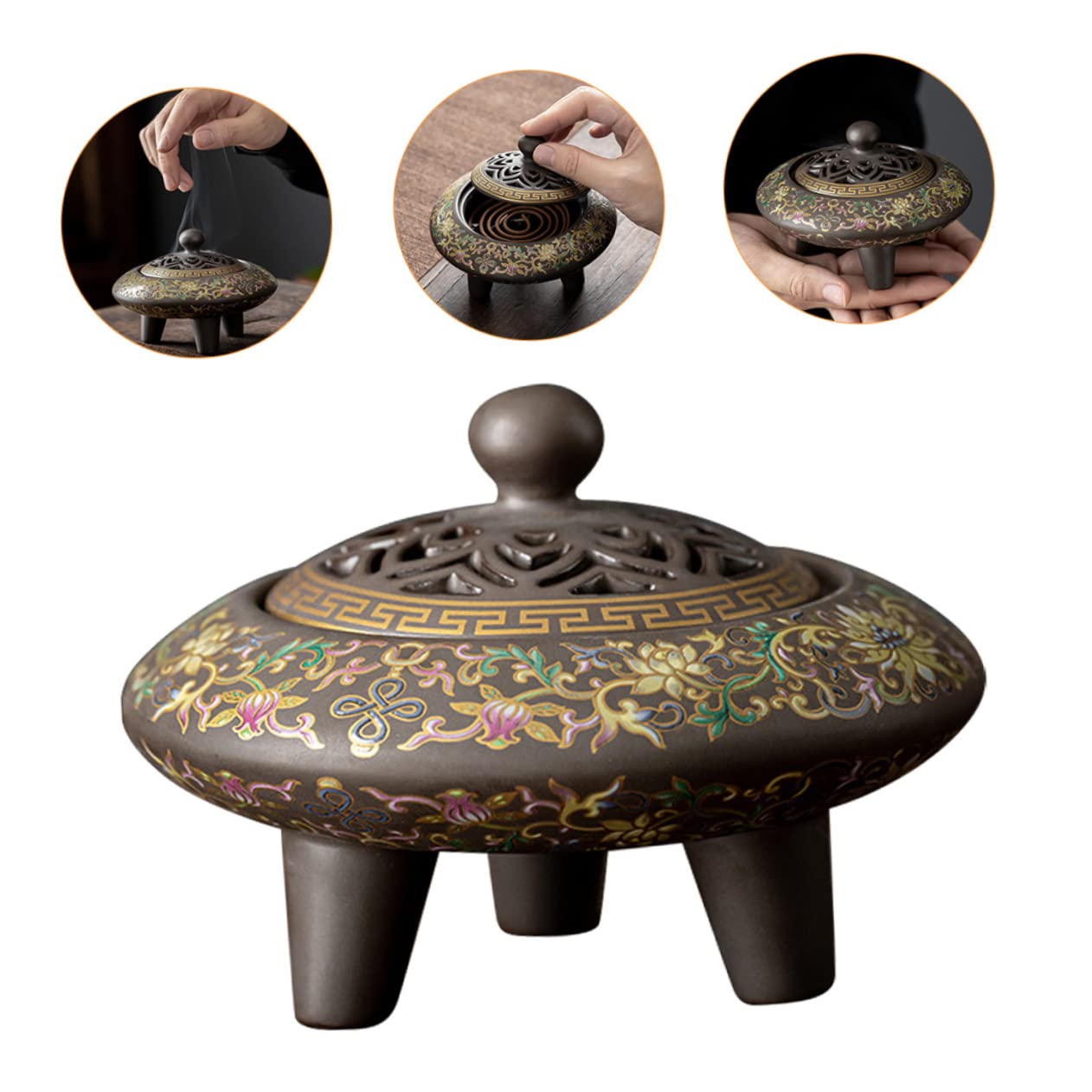 Keramik Räucherstäbchenhalter im Zarten Cloisonné Design Schwarz