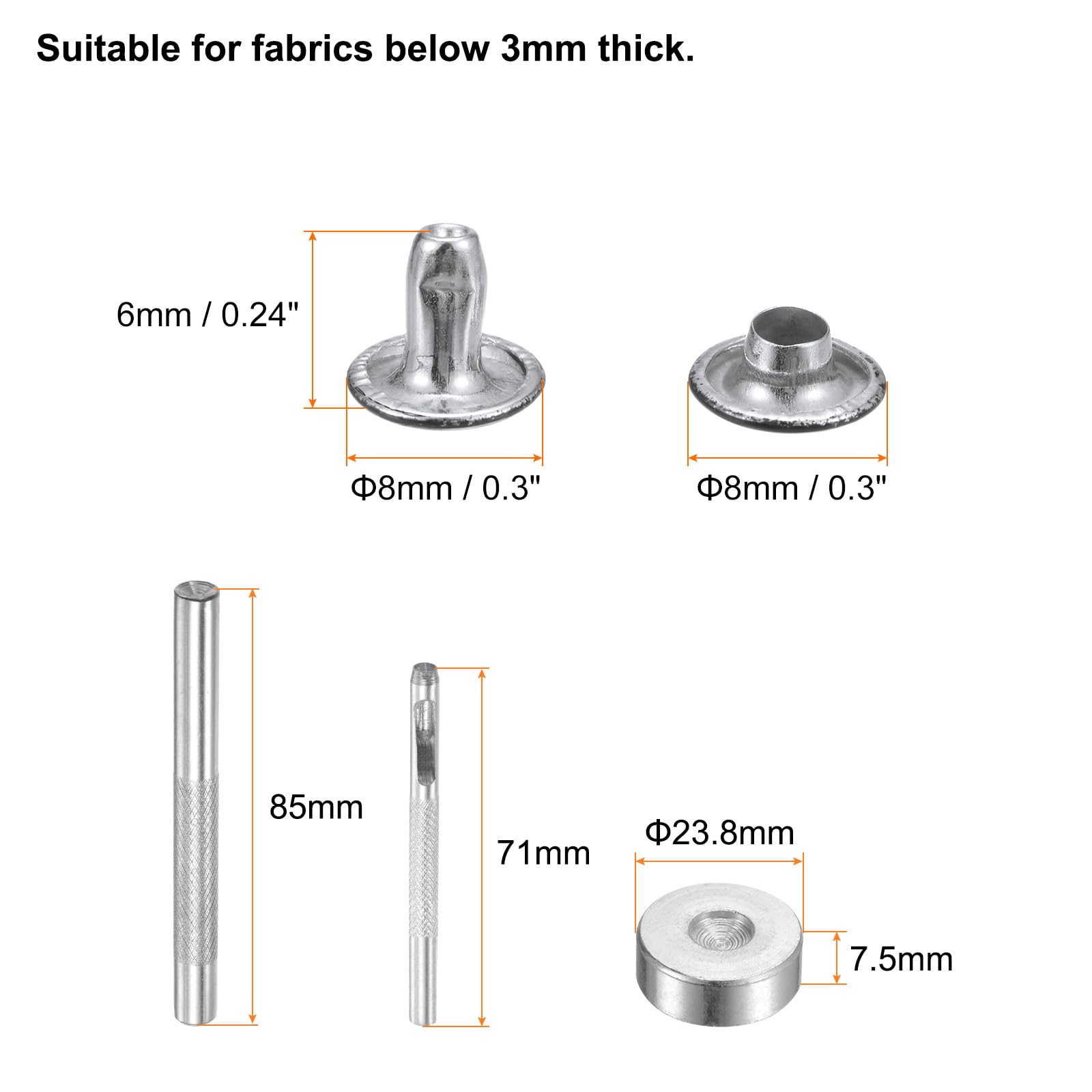 HARFINGTON Juego de 100 remaches de cuero de 8 mm x 6 mm, de metal de doble tapa, con 3 herramientas de ajuste, remaches para manualidades, reparación de cuero, decoración, color negro brillante