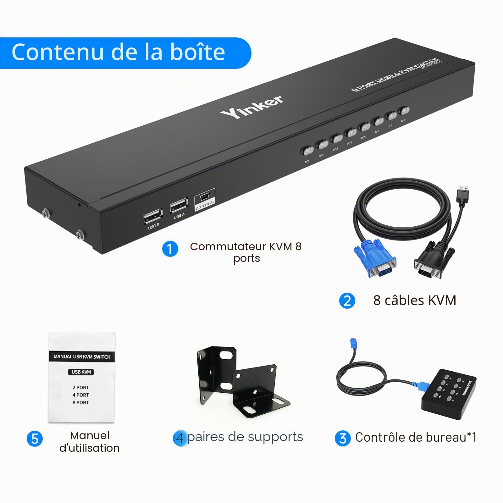 Commutateur VGA KVM 8 ports rack + 8 câbles KVM + 4 concentrateurs USB + sélecteur de bureau filaire + oreilles de montage en rack