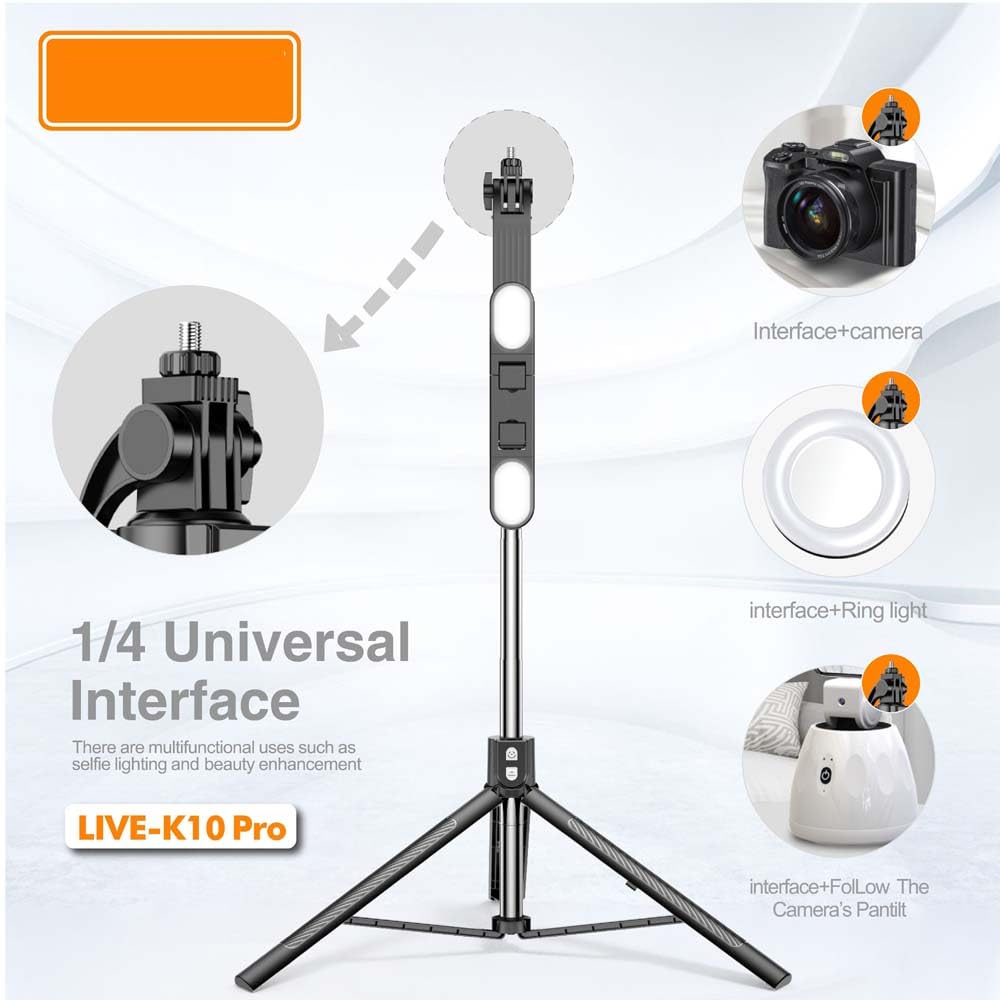 Live K10 PRO 6.5 Feet Tripod Stand Selfie Stick with 2 Chargeable Lights,  Bluetooth Remote, 360° Rotatable, Compitable for DSLR, Smartphone,  Vlogging, ...