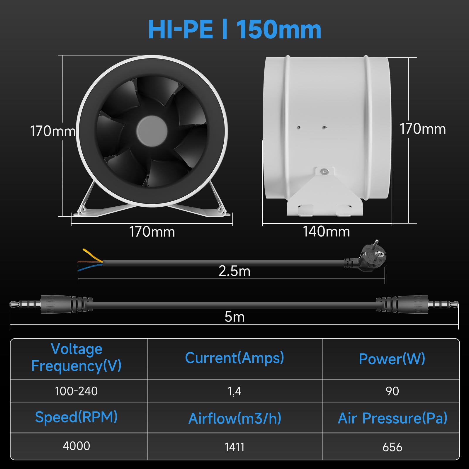 Hon&Guan HI-PE - Ventilatore tubolare 200 mm, super volume di aria, 1411 m³/h, risparmio energetico, motore EC, silenzioso, ventola di ventilazione per tenda, serra, garage, cucina, ventilazione