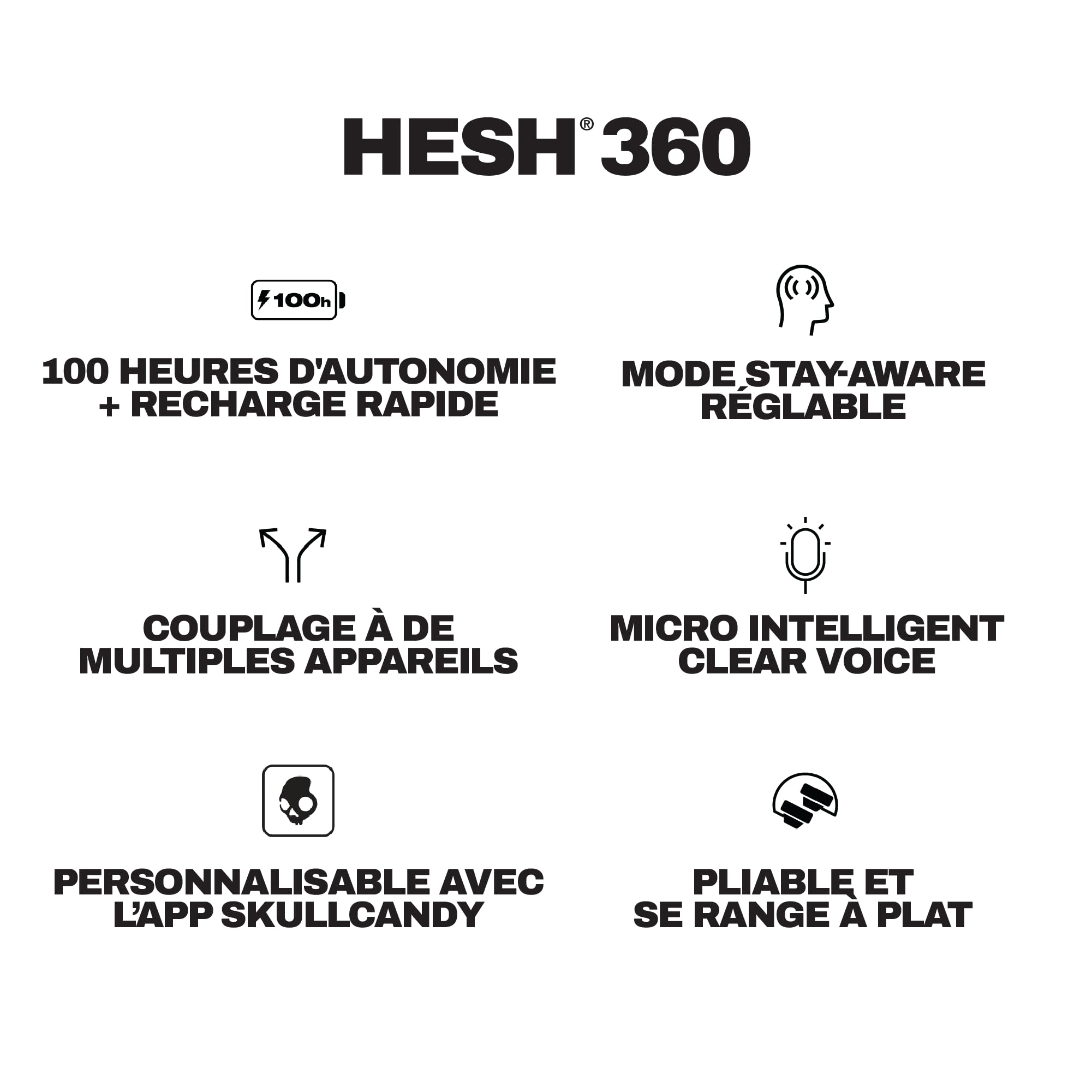 Skullcandy Hesh 360 Casque Circum-Auriculaire Bluetooth sans Fil, 100 Heures d’Autonomie, Conception Isolante du Bruit, Design Pliable, Microphone iPhone Android - Os