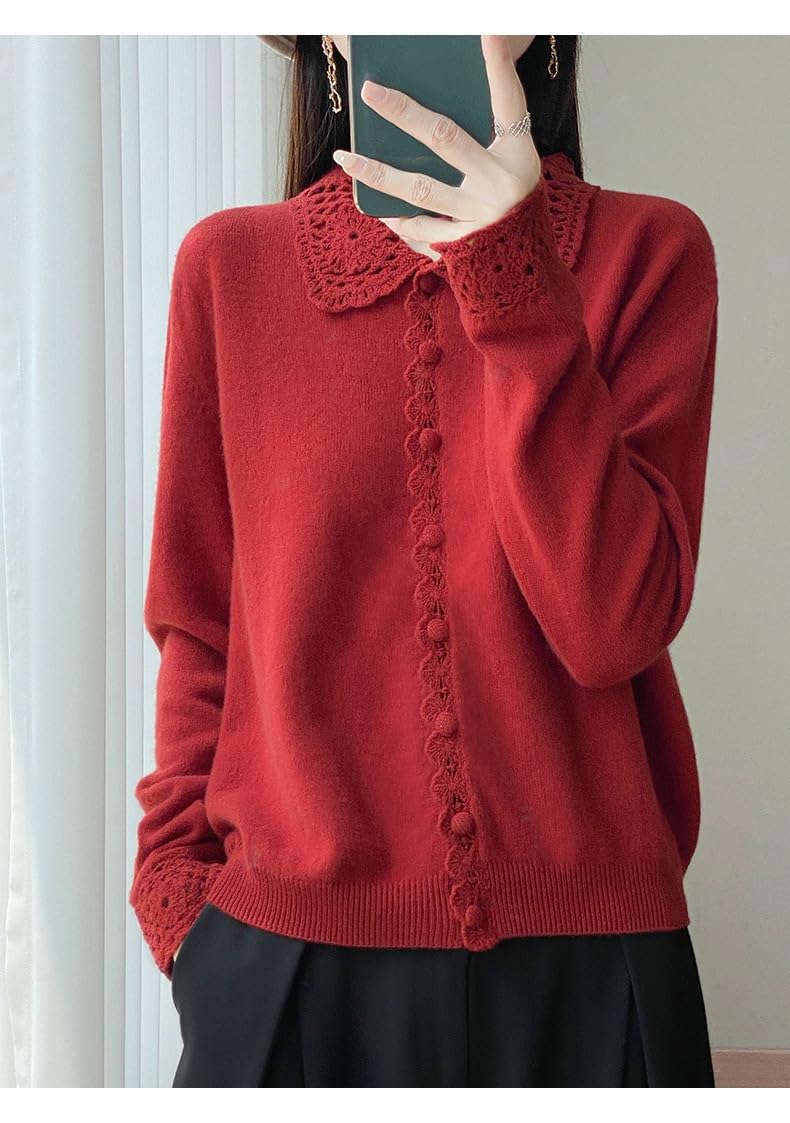 Cárdigan Lana Merino para Mujer con Cuello Peter Pan, Tapeta Encaje Festoneada, Manga Larga, Tejido Ajustado, Chaqueta Punto Suave Y Cálida para Oficina, Uso Diario E Informal.