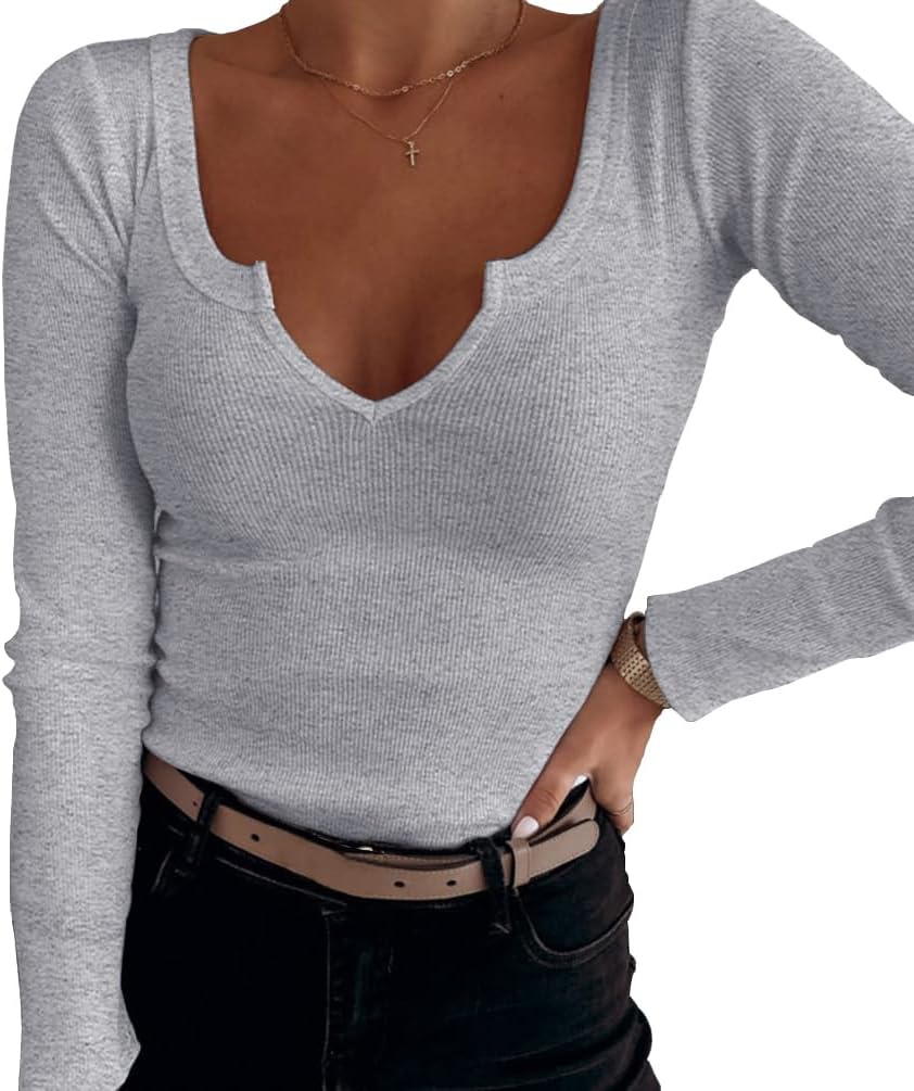 Roselux Women V Neck Ribbed Long Sleeve Shirt Fitted Basic Slim Knit Top - Image 2