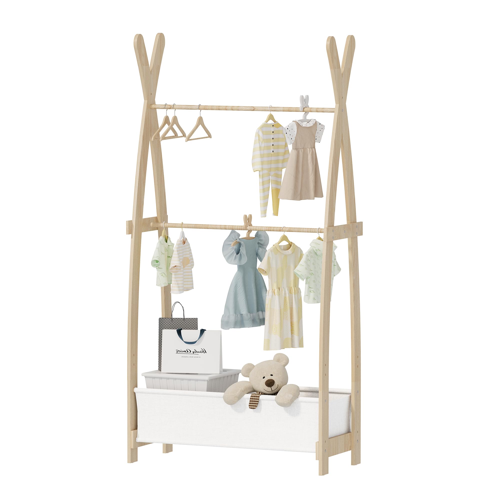 KEEPREAPER Kinder Kleiderständer Holz, Garderobenständer mit Aufbewahrungskiste und Kleiderstange, Kindergarderobe für Kinderzimmer, Mädchen (82 x 43 x 180cm)