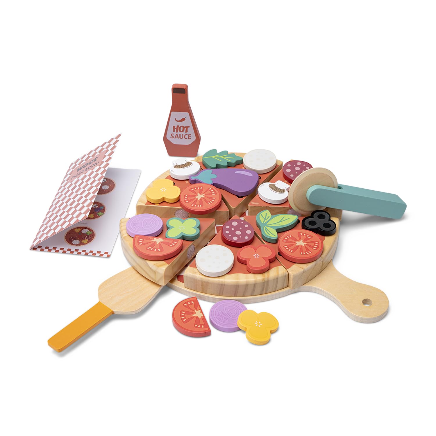 Woet - Wooden Pizza Play Food Set for Toddlers Age 24 Months+ – 32-Piece FSC Pretend Cooking Playset with Menu & Accessories – Educational Role Play Kitchen Toy for Kids