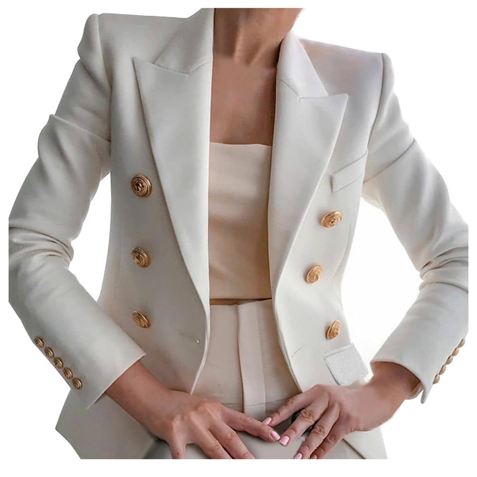 Cropped Blazers for Women Double Breasted Blazer Gold Button Long Sleeve Work Office Blazer Casual Open Front Jacket