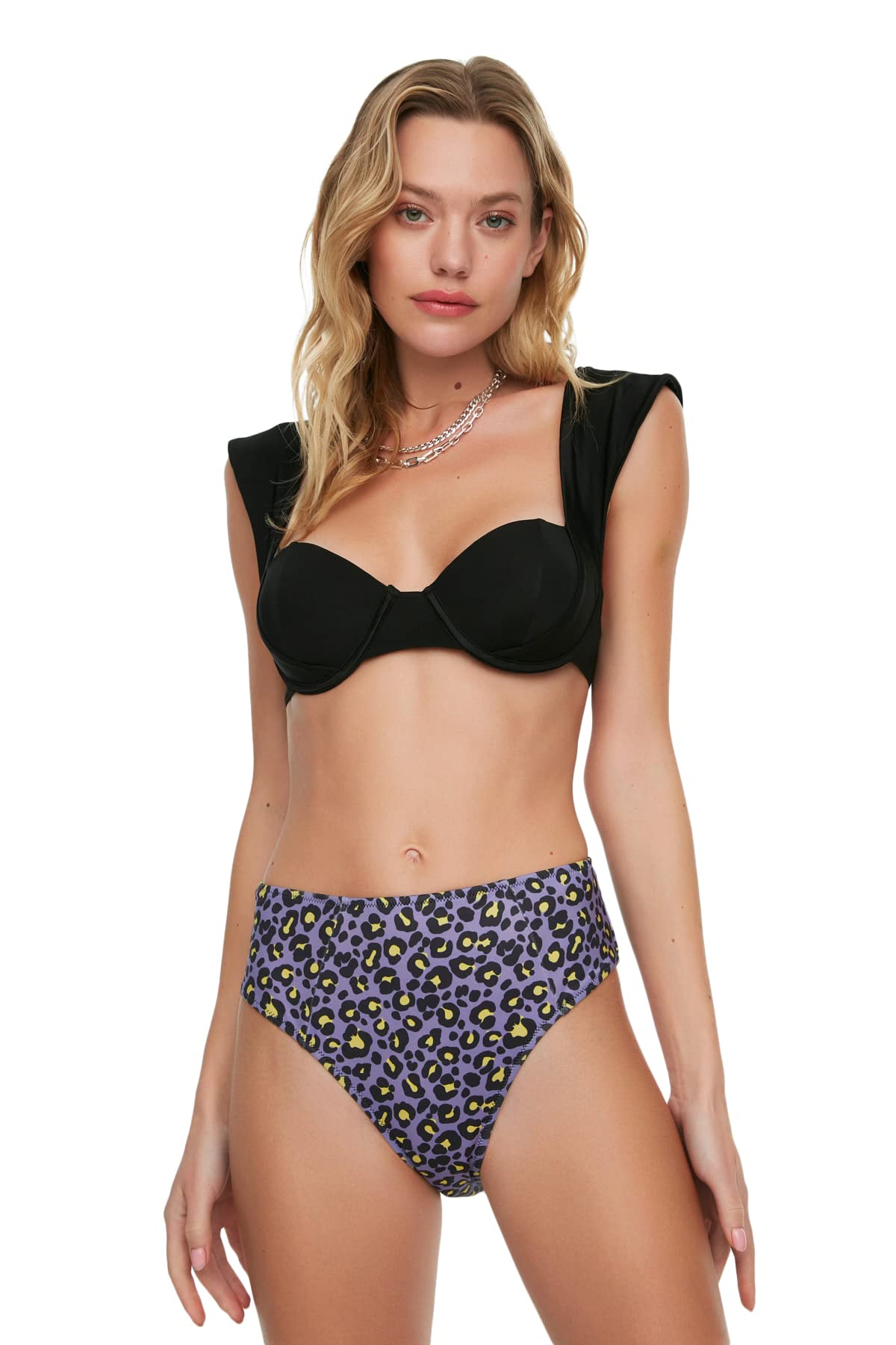 Trendyol Damen Lila Leopard Patterned High Waist Six Bikini Bottoms, 36 Eu