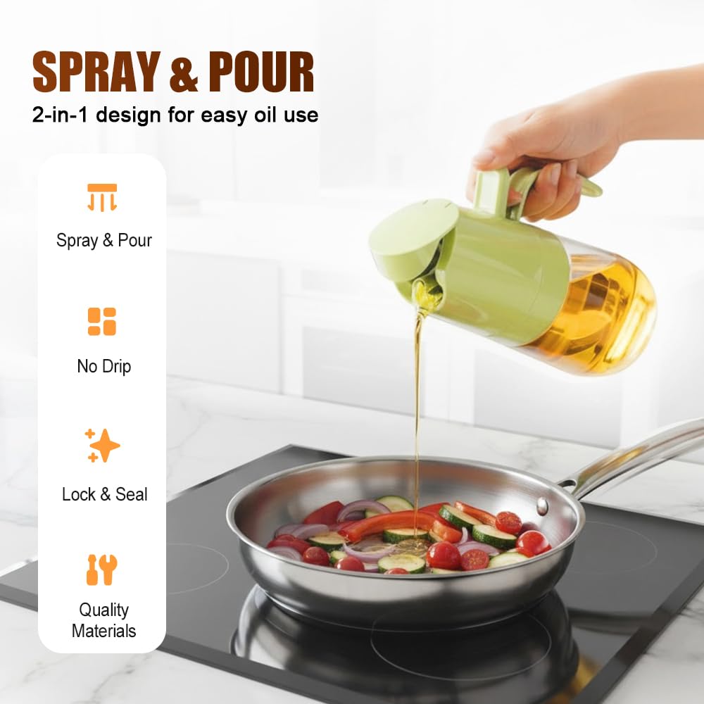2-in-1 Glas-Ölsprüher und -spender, 2024 Upgrade, große 600 ml Olivenölspenderflasche für Küche, Lebensmittelqualität, Ölnebel, Sprühflasche zum Kochen, Luftfritteuse, Braten, Grillen (Grün, 600 ml)