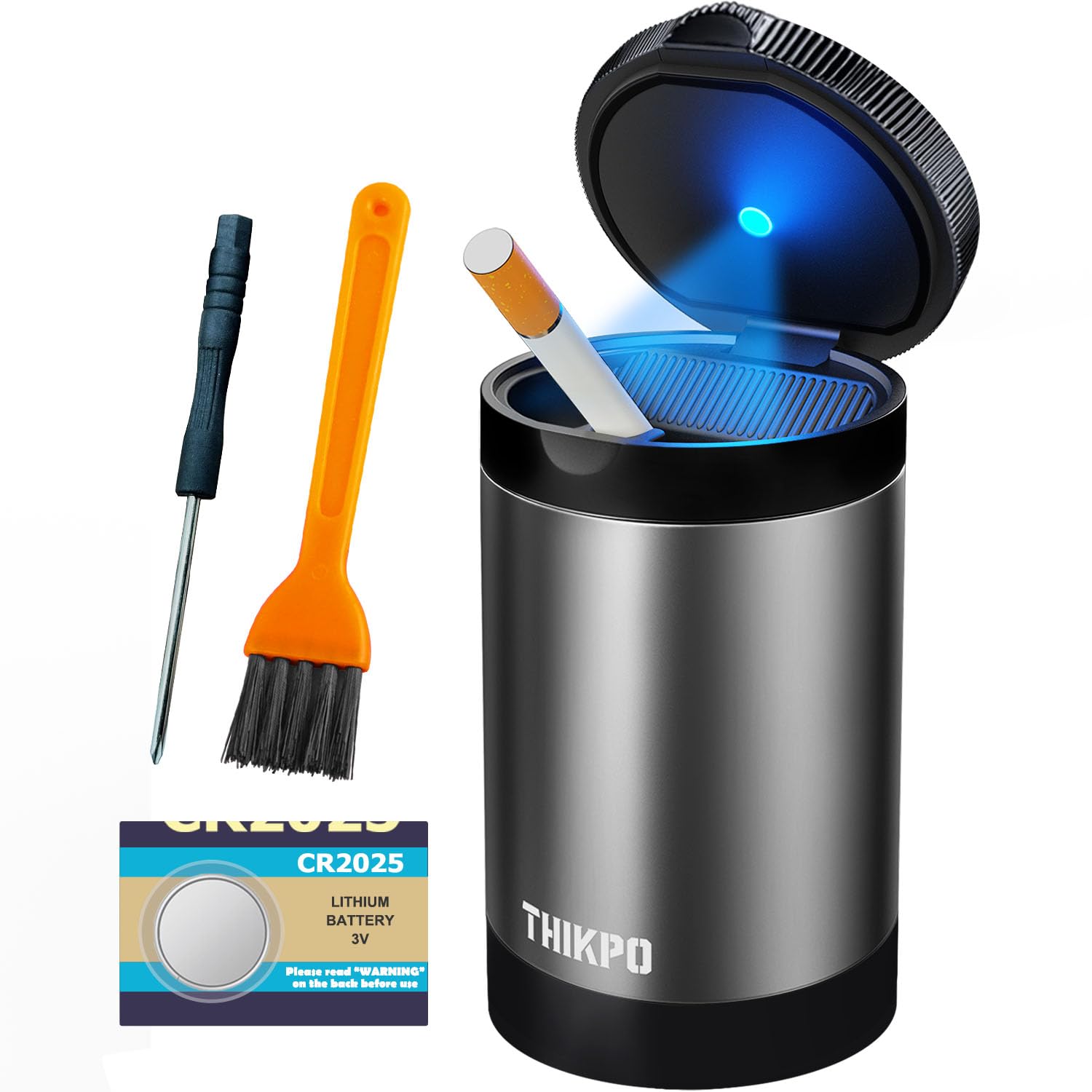 Ashtray with Lid, Smellproof & Smokeproof Cup Holder Ashtray, Portable Mini Car Trash Can, Detachable Aluminum Alloy Smokeless Car Ashtray with Automatic LED Light