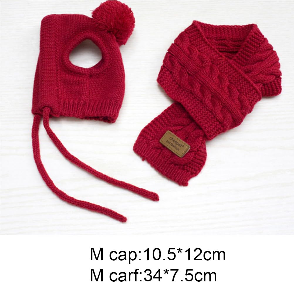 Pet woolen hat and scarf two piece set Winter Warm Knitted Pet Hat Scarf Set Dogs Hats Funny Cosplay Pet Dog for Puppy Accessories for autumn and winter (Red #07)