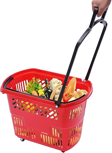 Miniatura 10 de Carritos de compras de plástico, 6 cestas de compras con ruedas, carrito de compras de 35 l con asas, cesta de compras portátil en supermercados y