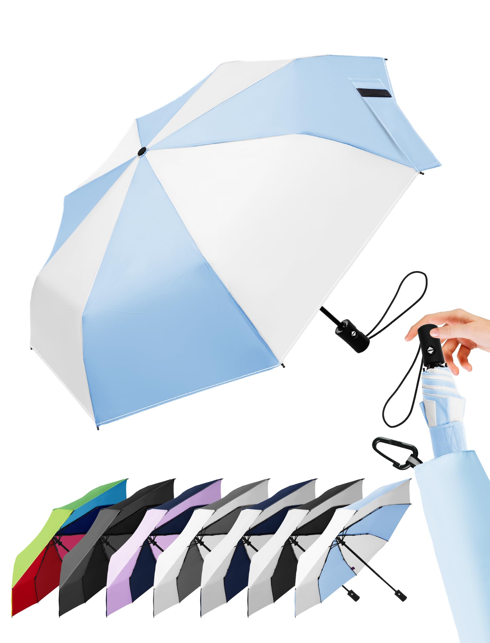 LILAC Regenschirm Klein Stabil Windfest, 110cm Taschenschirm Auf-Zu-Automatik, Kompakter Reiseschirm mit Klettverschluss & Karabiner, Leicht Faltschirm für Damen Herren