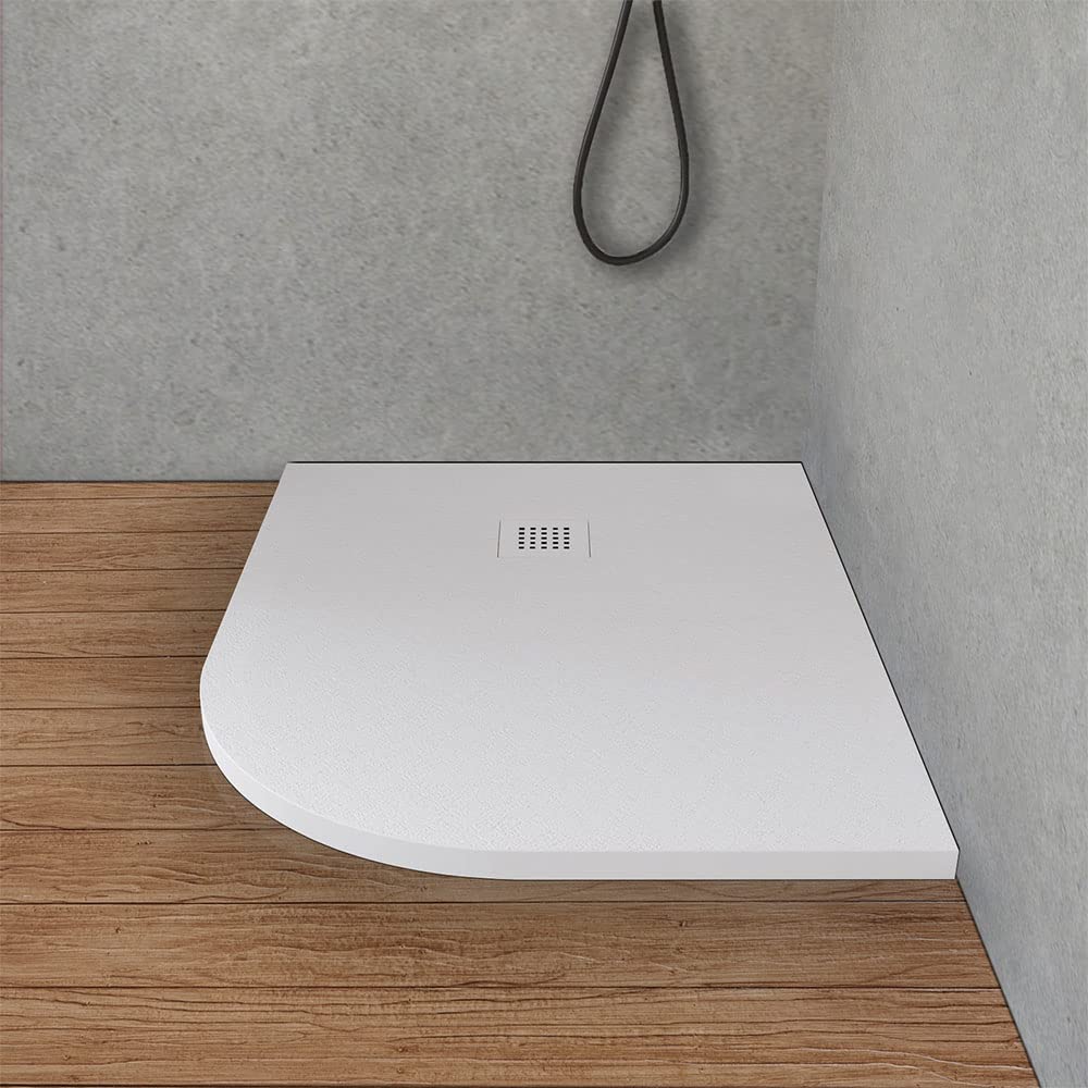 Inbagno Piatto Doccia semicircolare Sinistro 70x90 in Resina Bianco Effetto Pietra, Ultra Slim e Antibatterico, riducibile su Misura, griglia di Scarico Reversibile, Loren