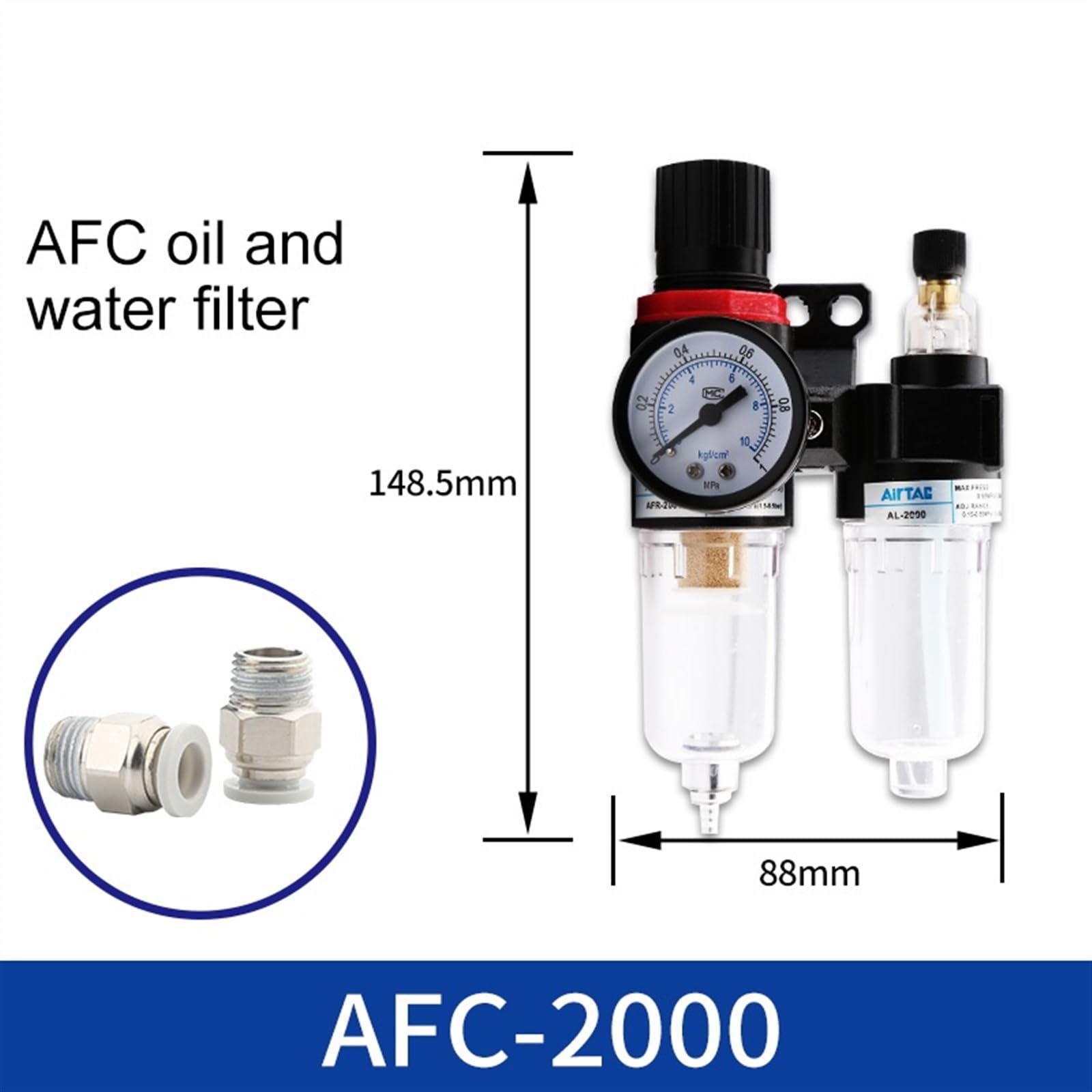 Filtr pneumatyczny AFR2000, regulator ciśnienia do uzdatniania powietrza, sprężarka, zawór redukujący ciśnienie, przełącznik, manometr, separator oleju i wody. (AFC-2000-02, złącze otworu 10)