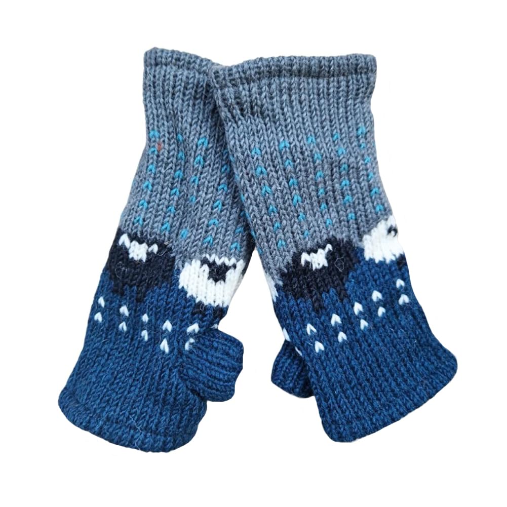 Lambland Blue Chunky Knit Sheep Fingerless Mittens – Teal – Cozy Wool Winter Accessories With Adorable Sheep Design