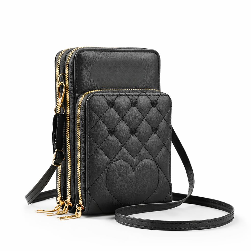 Everyday Crossbody Wallet with 3 Zip Compartments for Mobile, Cash & Small Items (Quilting design may not be exactly the same as shown in the image) (Black)-image-19
