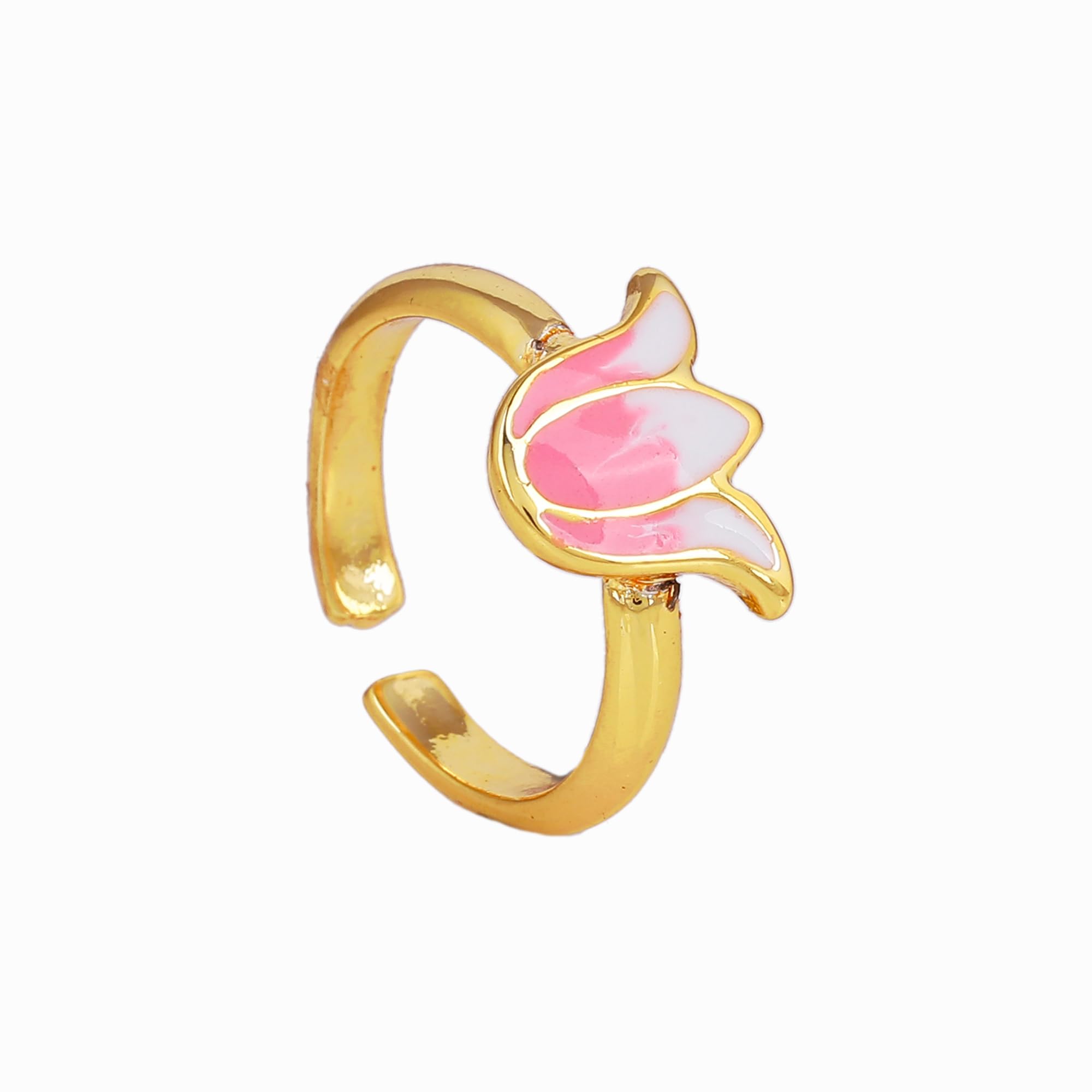 Plated Pink Enamel Lotus Adjustable Finger Ring