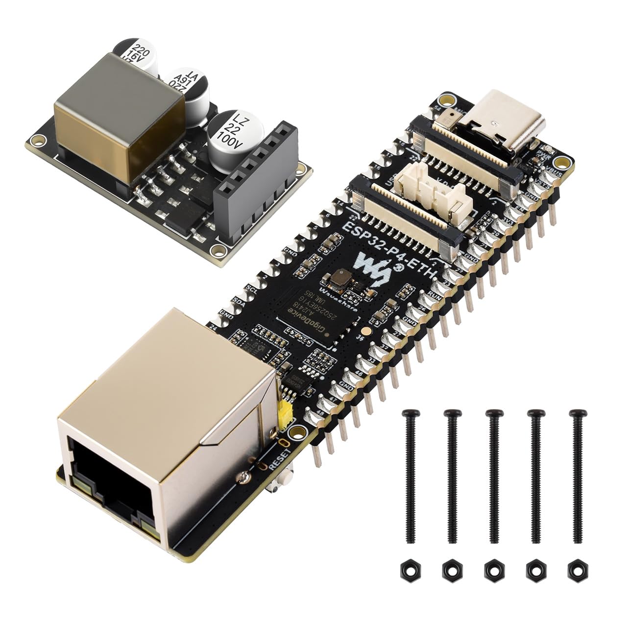 Waveshare ESP32-P4-ETH High-Performance Development Board, Based On ESP32-P4, with 100 Mbps RJ45 Ethernet Port, with Pre-Solder Pin Headers, Bundle with a PoE Module, 3 Items