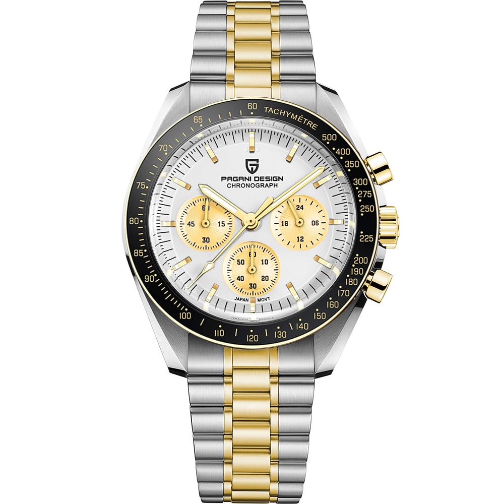 HaiQin Pagani Design 1701 Men's Chronograph Watch White Dial Japanese VK63 Quartz Movement Stainless Steel Strap 100m Waterproof Sports Wristwatch Date