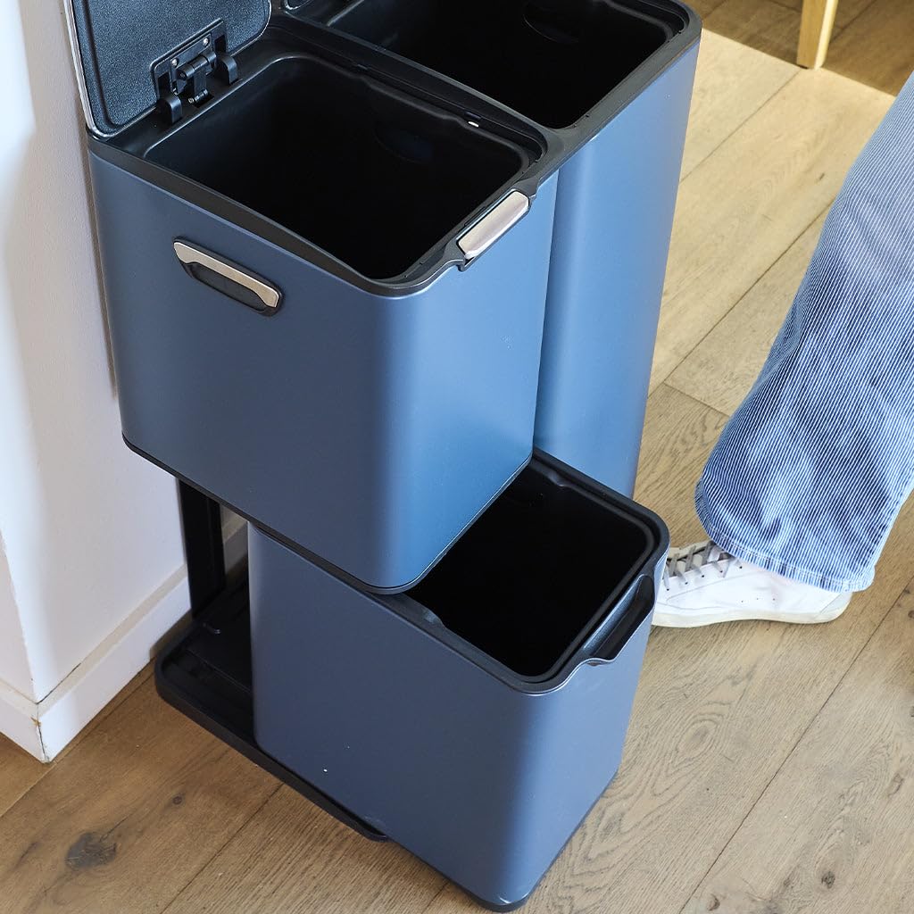 KITCHEN MOVE Poubelle de cuisine à pédale tri sélectif recyclage 60L(13+17+30L) HAJA en acier Inox Gris avec seau